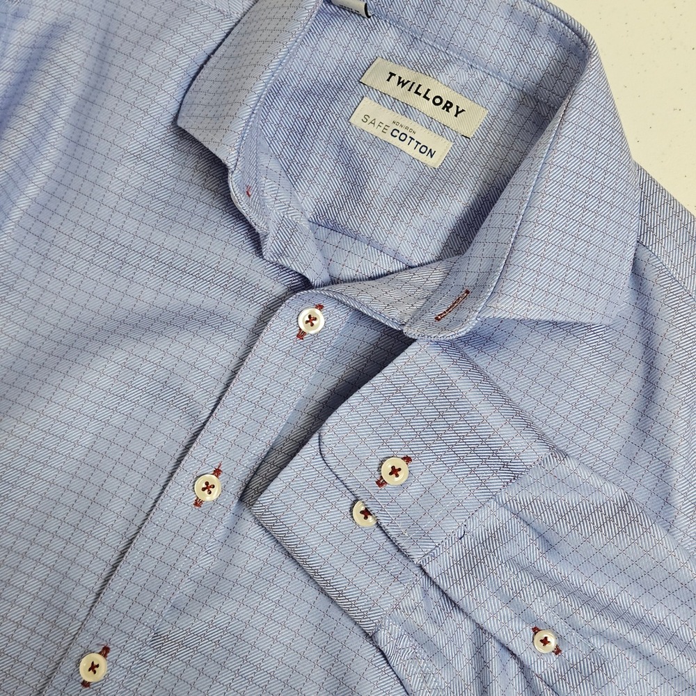 Twillory Safe Cotton Non-Iron Trim Fit Dress Shirt Mens 15 32/33 Blue Micro Grid
